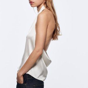 ZARA ASYMMETRIC SATIN EFFECT HALTER LOW BACK TOP S